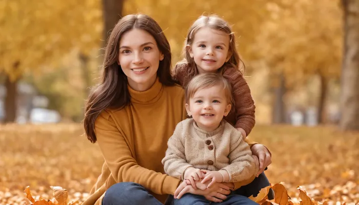 (masterpiece, best quality) Happy family enjoying the vibrant autumn leaves in the park. A loving mother surrounded by her three cheerful kids.