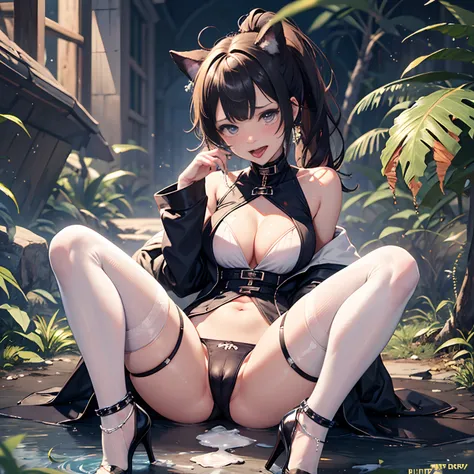 (2D), outdoor, crawling, bitch, scared, like, tears, dog chain, tongue, long ponytail, blush, stained with a lot of white liquid, black stockings, high heels, , messy, cleavage, open back, navel, condom, tattered wind, trench coat, no underwear, sputtering...