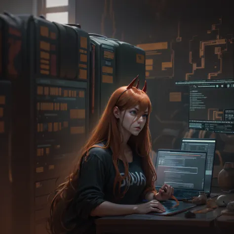 a hacker talking about cybersecurity: red hair with bangs without burrow, black shirt, servers, cyber, laptop.