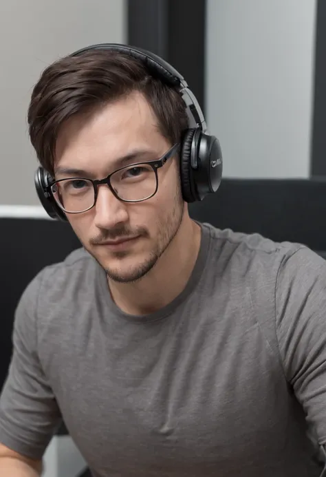 there is a man wearing headphones and glasses in a room, twitch streamer / gamer ludwig, twitch streamer, markiplier, streaming on twitch, halfbody headshot, looking straight into camera, looking straight to camera, avatar image, looking away from camera, ...