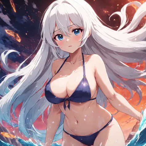 bikini，White hair, anime，gigantic bosom