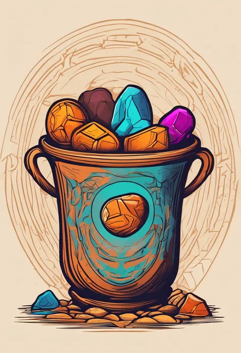 2D minimalistic picture of treasure and jewelry stones inside in a clay pottery Cauldron, business logo style