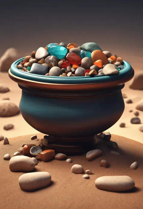 2D minimalistic picture of treasure and jewelry stones inside in a clay pottery Cauldron, business logo style