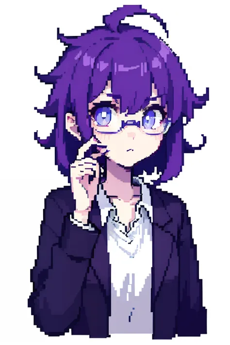 pixel, pixel art, 1genderless, purple hair, upper body, cozy, messy hair, eyeglasses, villainous expression