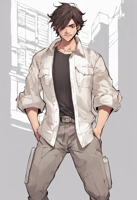 30-year-old young man Tall and strong, Broad shoulders, Strong arms, Strong and slightly fatty, Wearing a white shirt and khaki vest, adventurer clothing, Amiable, Smiling, whaite hair, Short hair, whaite hair, Silver hair, Asymmetrical hair, Short hair, M...