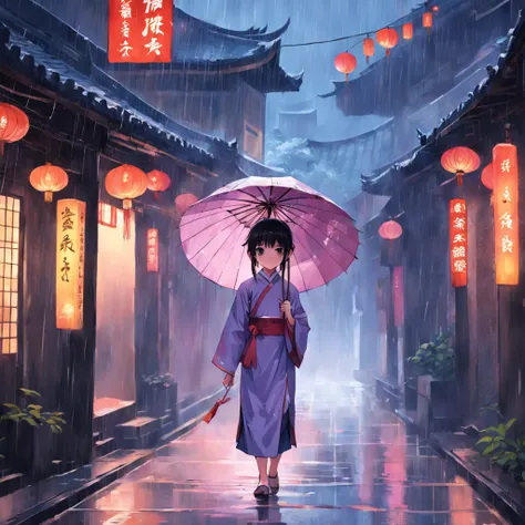 The Republic of China era，A girl wearing a cheongsam like a lilac，Full of sadness，She held an oil-paper umbrella，Walk down an alley，It rained heavily，rainy scene