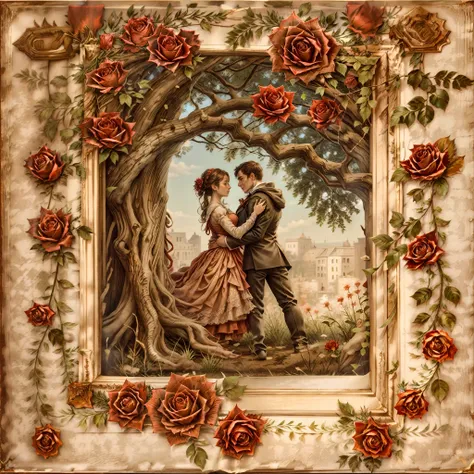 open book, an image of a love couple under an oak tree on a page of an antique book, elegantly framed with red roses