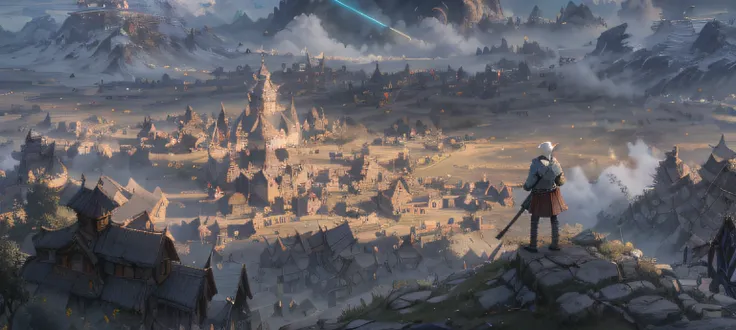 There was a man standing on a hill looking at a city, arte conceitual medieval, whiterun in the style of pixar, for honor charector concept art, 4k morrowind concept art, Detailed 4K concept art, the witcher concept art, highly realistic concept art, Vikin...