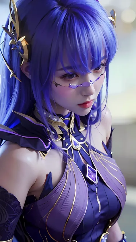 a close up of a woman with blue hair and a purple dress, portrait knights of zodiac girl, keqing from genshin impact, zhongli from genshin impact, knights of zodiac girl, ((a beautiful fantasy empress)), anime goddess, masterpiece goddess of sorrow, 8k hig...