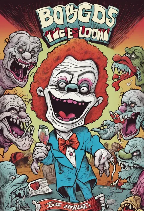 A Garbage Pail Kids-style cartoon drawing of Bozo The Clown and Svengoolie as inseparable best friends.