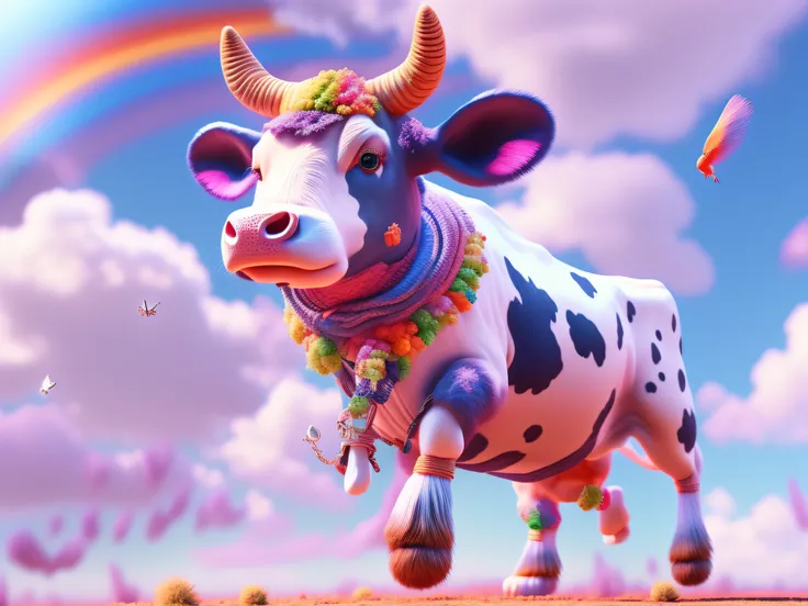 A colorful cow flying in the air with a gun in his hand, dressed in denim, with small wings, against a background of a rainbow in the sky, white clouds, 8K, 3D, Ultra HD, extreme detail, cinematic, palace Hayao style