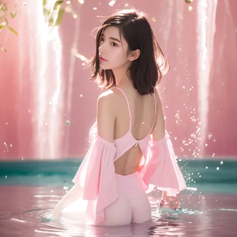 Moe girls have smooth skin，Crystal clear splashes are perfectly reflected，Purple Eye，Floating splashes，Transparent water droplets，Beautiful Glow，best qualtiy，illustratio，tmasterpiece，Best Production，best qualtiy，ighly detailed，extremely details CG，illumina...