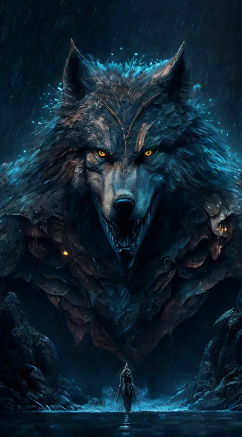 Wolf God, Surreal, Tense, Brutal, Highly Detailed, Sharp, Professional, 8k Ultra HD, Movie, Dark, Violent, Outdoor, River, Battle, Chase, Drama, Vivid, Tension, Rendering, Epic, Twilight, HDR, Album Cover, Blizzard, Lightning, Disaster