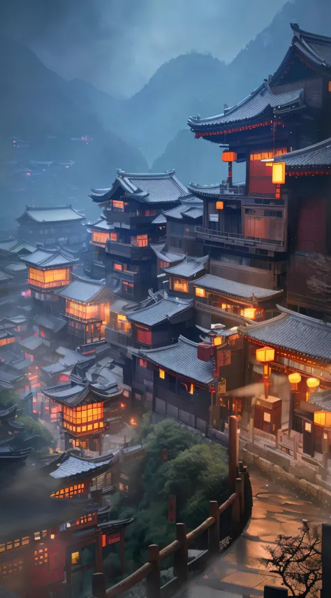 arafed view of a village with a lot of lights on the buildings, dreamy chinese town, chinese village, amazing wallpaper, japanese town, japanese village, hyper realistic photo of a town, old asian village, japanese city, by Raymond Han, rainy evening, cybe...