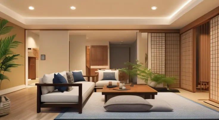 Generate an artistic visualization of a Japandi-inspired living room, seamlessly merging Japanese Zen aesthetics with Scandinavian coziness through AI art.