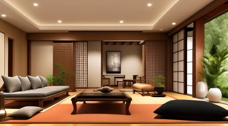 Generate an artistic visualization of a Japandi-inspired living room, seamlessly merging Japanese Zen aesthetics with Scandinavian coziness through AI art.