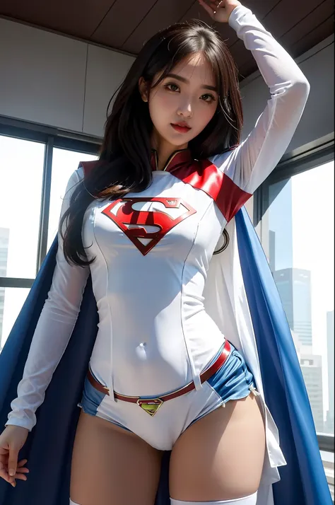 Arakfi woman poses for a photo in Superman costume, with cape, Supergirl, iu lee ji-eun as a super villain, IG model | Art germ, super-hero girl, trending artgerm, as seen on artgerm, in the style artgerm, wearing hero costume, full-cosplay，The letter S on...