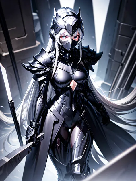 5 8K UHD、Silver-haired and small-nosed beauty in a black shiny black full-body rider suit wearing a black full-face helmet that covers the entire head is standing with her legs open facing the front、Wearing shiny black armor、Upper Body Up