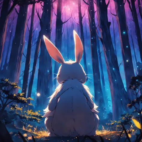 tmasterpiece，best qualityer，cinematic Film still from，1 rabbit，Close-up，natta，Rabbit looking up at the stars in the forest，Turn your back to the stars，Starry sky，spark of light