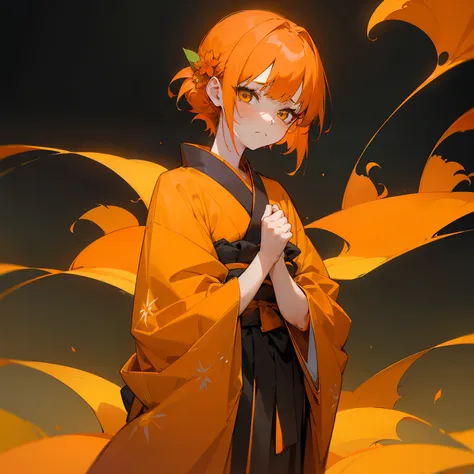 (Beautifully Aesthetic:1.2)、(1girl in:1.3)、(Black and orange colorful hair:1.2)、Wearing colorful kimonos in orange and yellow、Fantastical、wretched、Orange and yellow marigolds are blooming、natta、starrysky、Sad face、Sateen