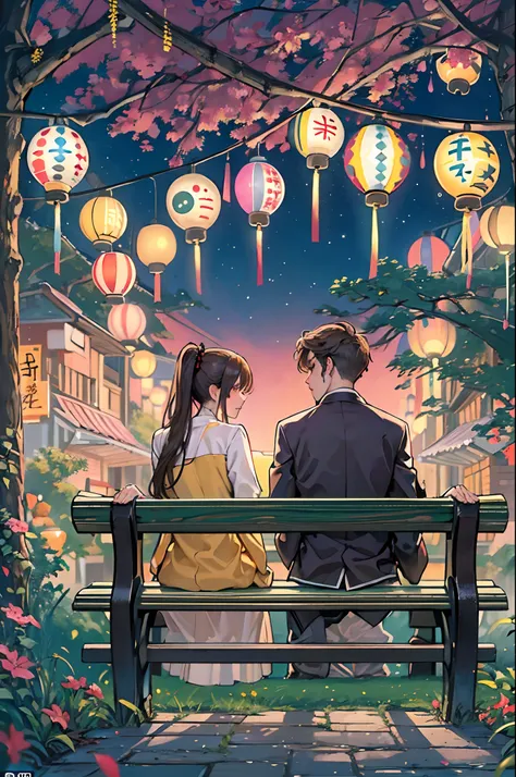 tmasterpiece，best qualityer，high-definition picture quality，超高分辨率，Poster promotion，Tanabata Festival event，A couple sits on a bench，Background with，Romantic background，Clear detail，Faraway view，wide angles