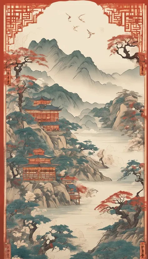 An idyllic Chinese mural, Light white style, Layered landscape, japanese style art, monumental murals, Ricoh FF-9D, Golden Age aesthetics, Exotic landscape