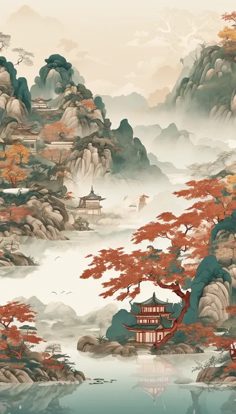 An idyllic Chinese mural, Light white style, Layered landscape, japanese style art, monumental murals, Ricoh FF-9D, Golden Age aesthetics, Exotic landscape