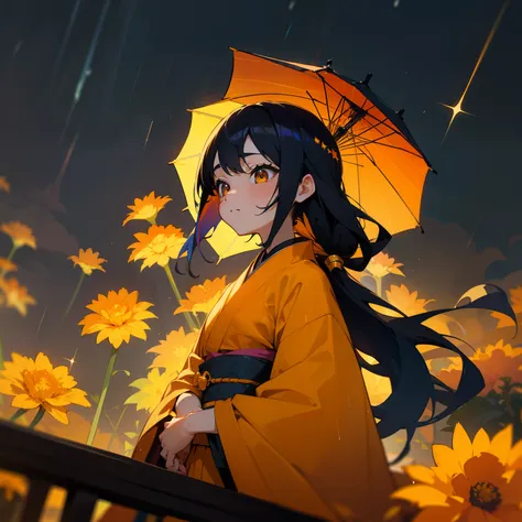 Under the beautiful and aesthetic night sky、While Starry Ski sparkles、One girl stood。Her hair is in a colorful color scheme of black and orange、She was wearing a colorful orange and yellow kimono.。Orange and yellow marigolds bloom around her、The pomp stood...