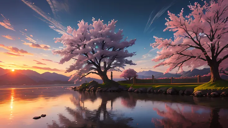 (masterpiece, best quality:1.2), ultra detailed, cinematic lighting, HDR, ilustration,  landsape,  sunrise,  cherry blossom, impressive, chill, inspirational,