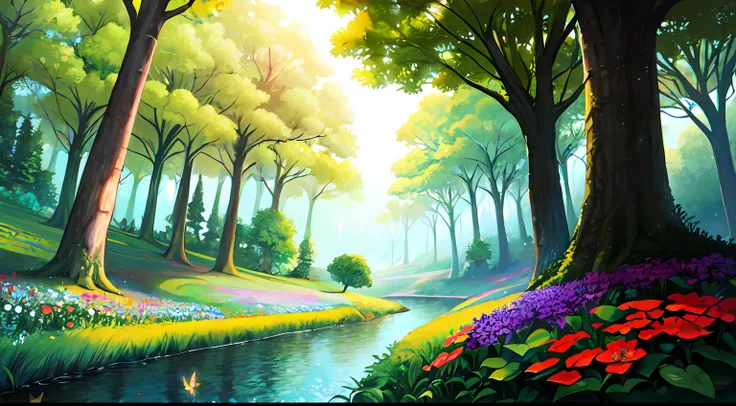 Illustration design for banner, cover art, cover art for art page, wonderland, fantasy land, mysterious forest, flowers, insects, trees, Grass, brushes, colorful, magical land, Dark forestRecife, a Small river, beautiful land,