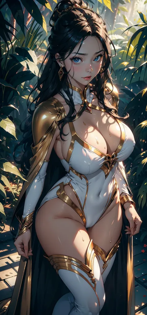 1female，35yo，Slim，熟妇，gigantic cleavage breasts，Big breasts Thin waist，slenderlegs，Pornographic exposure， 独奏，（Background with：ln the forest，the rainforest，in summer） She has long black hair，standing on your feet，Sweat profusely，drenched all over the body，se...