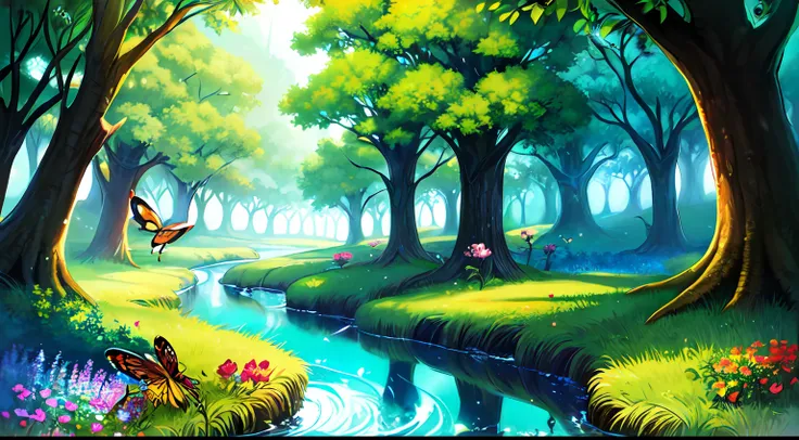 Illustration design for banner, cover art, cover art for art page, wonderland, fantasy land, mysterious forest, flowers, insects, trees, Grass, brushes, colorful, magical land, Dark forestRecife, a Small river, beautiful land,