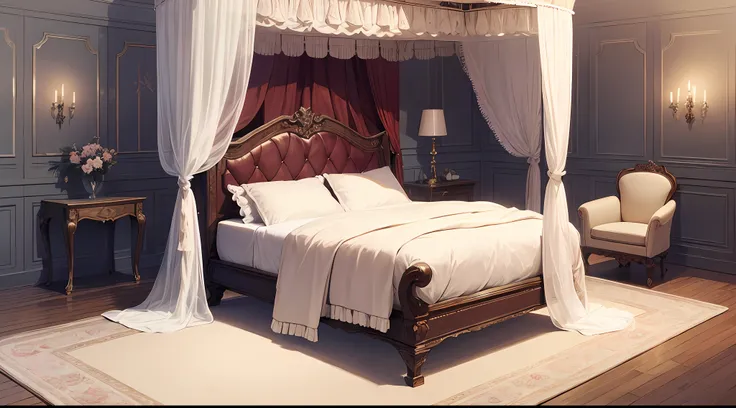 A bed with a soft full comforter on top *and two big fluffy pillows*, draped with voluptuous fabrics, intricate filigree bedposts all four support a canopy of silk tasseled ropes and shiny velvet drapery, romantic sidelighting streams in from a sunlit wind...