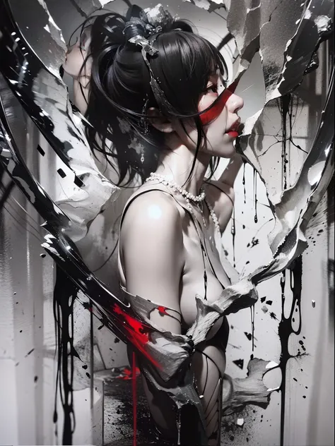 black andwhite，Absolutely beautiful woman，Bust，Broken mirror，Black and white splitting，Red tears，Black and white painting，Broken，sublevel，Black and white，Eroded by darkness and light，对称