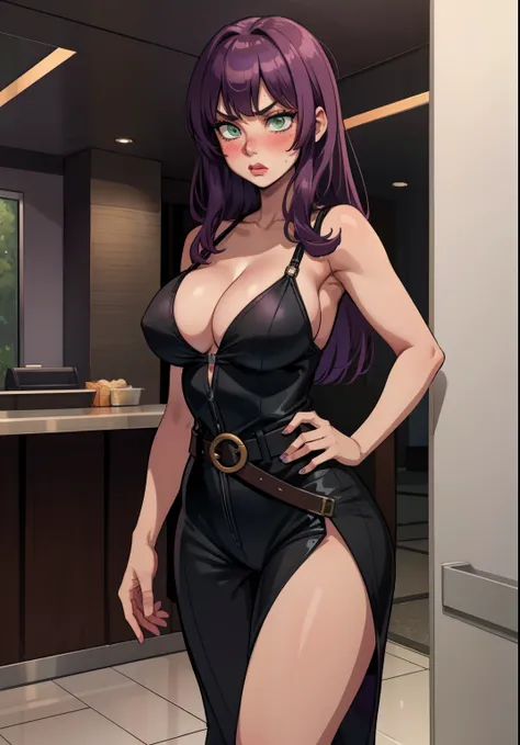 Solo female, green eyes, purple straight hair, bangs, black jumpsuit, big belt, cleavage, embarrased, shy blush, avoiding eye contact, uncomfortable pose, hiding tits, in hotel lobby