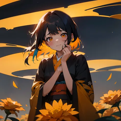 Under a beautiful night sky、One girl stood。Her hair is a colorful color of black and orange、、She wore a colorful orange and black kimono.。Orange and yellow marigolds bloom around her、The gorgeousness was noticeable even at night。There was sadness on her fa...