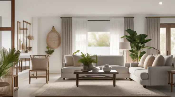 Create an AI image capturing the essence of a tranquil Japandi living room, featuring clean lines, neutral tones, and natural materials in perfect harmony.