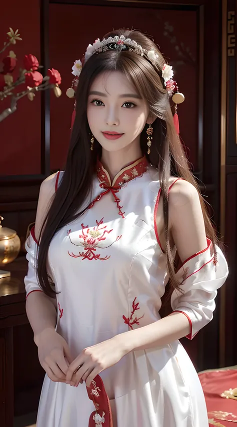 A beautyful girl，long whitr hair，((Wear a beautiful red Chinese wedding dress))，fine embroidery，(A delicate crown was worn over his hair)，A pair of shiny earrings hang from the ears，A beautiful necklace was worn around his neck，Sweet smiling，His face flush...