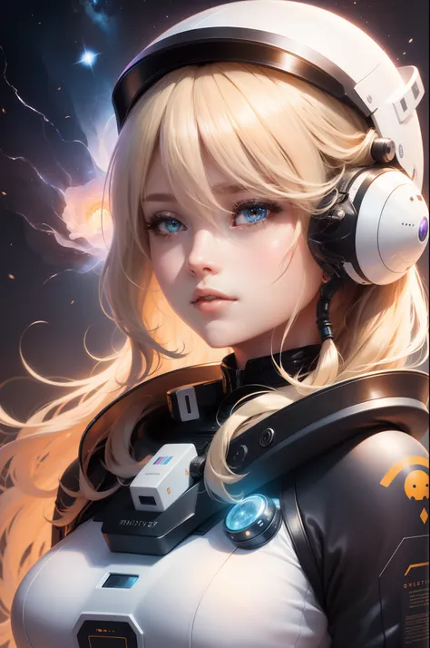 a sticker,Detailed portrait of a beautiful astronaut woman full of hope，Has wavy blonde hair,nier:automata inspired,bravely default inspired,A dynamic but dull but exhilarating cosmic projection,space nebula background,smooth,bold colour,expressionistic