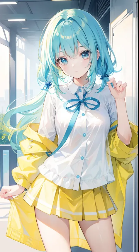 Bright light yellowish blue hair，Light yellow and light blue clothes，A cute cute girl