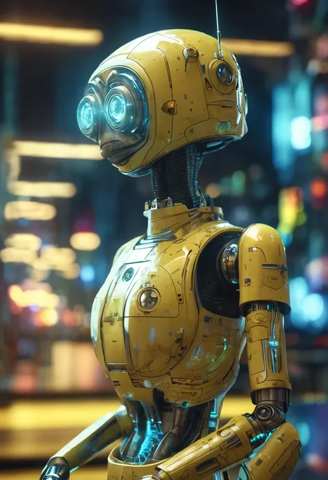 droid，an anthropomorphic turtle，Wearing a pale yellow dress with a star pattern，Transparent machinery，Cyberpunk, dreamy glow, luminous neon lights, ( Global illumination, Ray traching, hdr, unreal render,reasonable design, high detal, Masterpiece, Best qua...