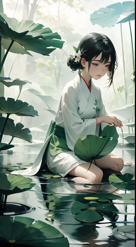 A pond full of lotus, a little girl sitting on the lotus leaves of the pond, happily，huge lotus leaves, barefoot, dressed in white and green hanfu, light and shadow, a masterpiece