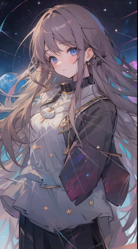 1girl, long hair, looking at the sky, starry sky, stars, bright night, galaxies, planets