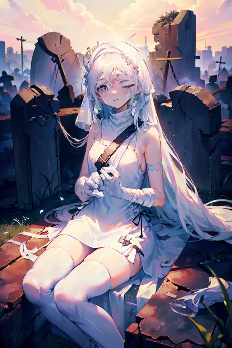 graveyard, ruins, gloves, bandages, dress, (white dress:1.331), (looking at viewer:1.1), (solo focus:1.1), long hair, very long hair, closed mouth, (empty eyes:1.331), dead eyes, thighhighs, (bandaged eye:1.331),1girls,backlight,flat,midjourney