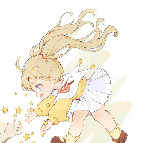 Anime girl with blonde reach for stars in the sky, Cute anime style, anime visual of a cute girl, Cute anime, small loli girl, lovely art style, Splash art anime Loli, High-quality fanart, clean anime art, the anime girl is running, (Anime girl), Cute anim...