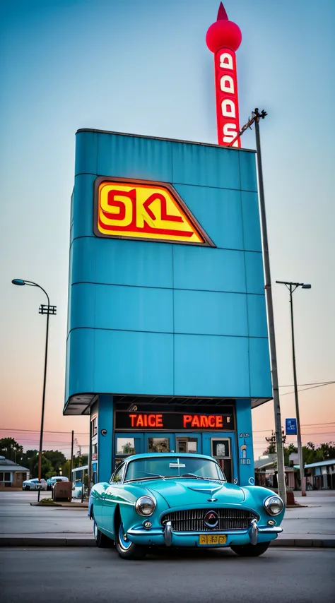 cars around abandoned gas station sign made from a rocket beautiful blue sky Clutter-Home (AtomPunkStyleSD15:1.0), (masterpiece:1.2) (photorealistic:1.2) (bokeh) (best quality) (detailed skin) (intricate) (8k) (HDR) (cinematic lighting) (sharp focus)