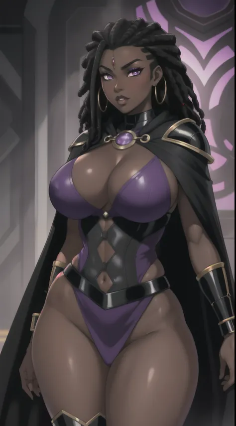 Portrait, Masterpiece, Excellent Quality, 1girl, solo, intricate details, color diffusion, close-up shot, African-American female, dark-skinned female, brown skin, slim but curvy body, long black dreadlocks, purple eyes, sexy combat attire, cape, cloak, ba...