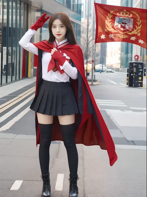 super clear and realistic girl，transform into a uniform with a flag symbol on your chest，red cape+red gloves flag pattern boots，...