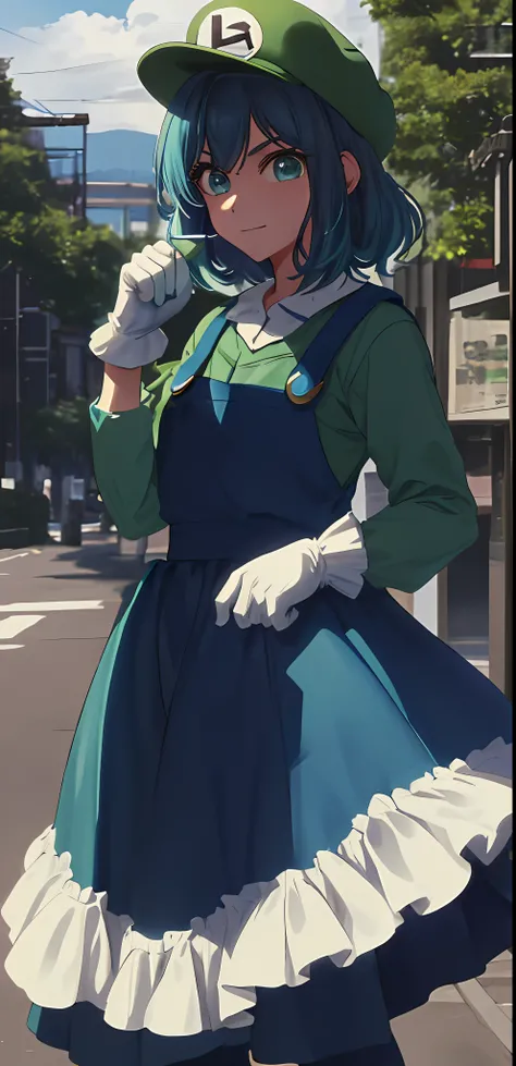 1girl masterpiece, best quality, solo, (super Luigi (cosplay):1.2), Luigi (cosplay):1.2, green cap:1.1, blue overall, green shirt, brown boots, :d, Akane , medium breast, white gloves,, L on green cap, blue hair, blue eyes, super Luigi themed background