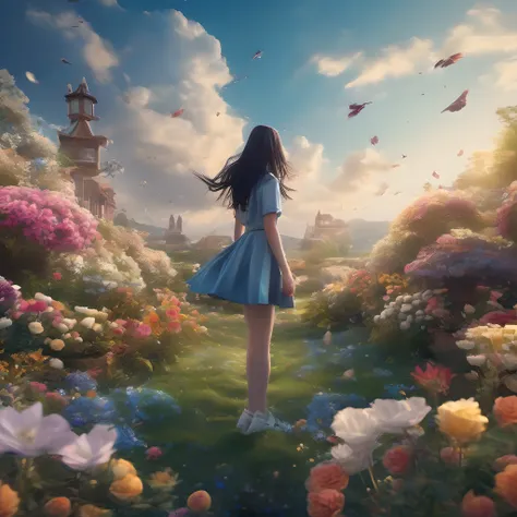 ccurate, best quality, masterpiece, UHD, high details, award winning, (Amazing:2.0), (Surrealism), Conceptual art, Verism, cinematic lighting, floating island in the sky, (((beautiful flower garden))), Horizon, blue sky, paradise scenery, flowers, wind flo...